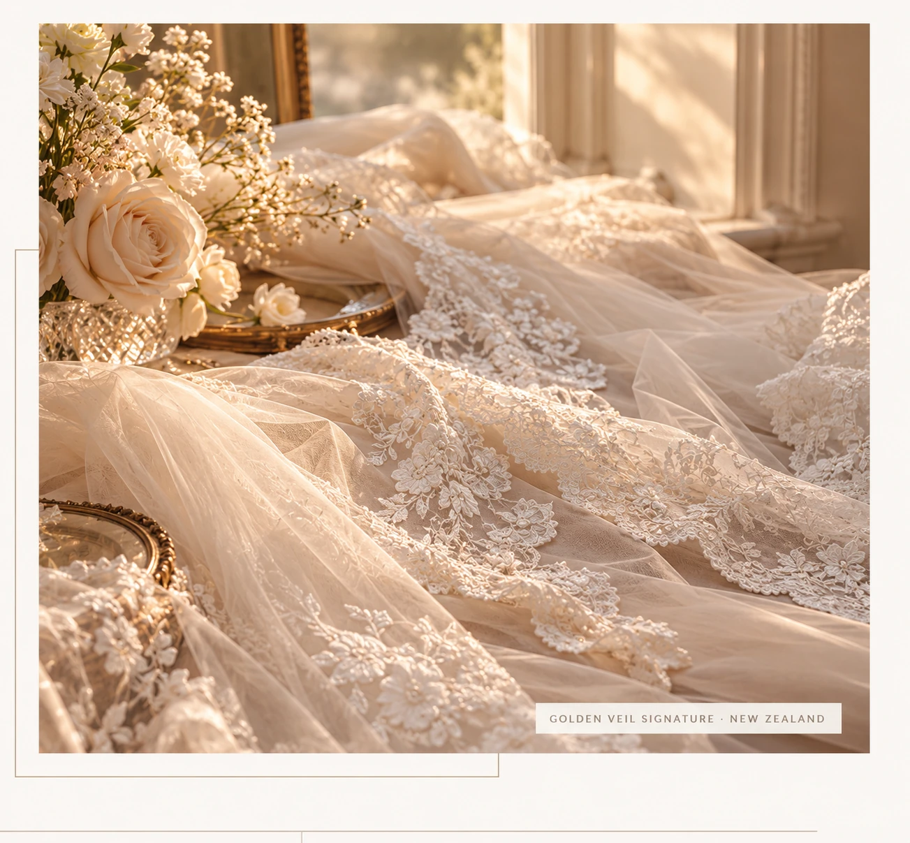 Luxury bridal lace and veil fabrics selected for Golden Veil Signature